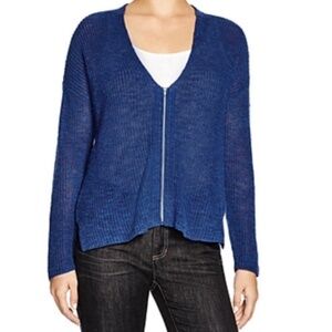 Eileen Fisher Organic Linen Full Zip Cardigan L Blue Minimalist Classic Coastal